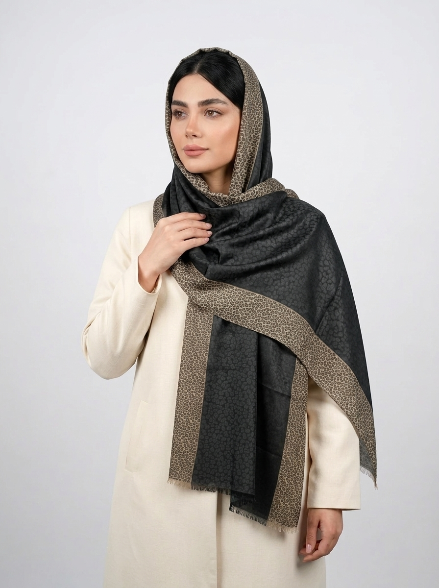 شال حاشيه پلنگي دور دوخت کد 259 - مشکی - تصویر ۲