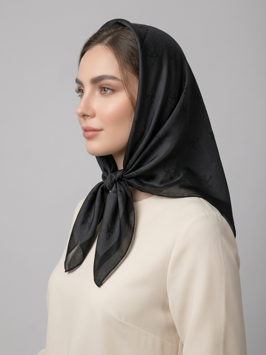 مینی اسکارف ژاکارد پاپیونی کد 555 - مشکی - تصویر ۲