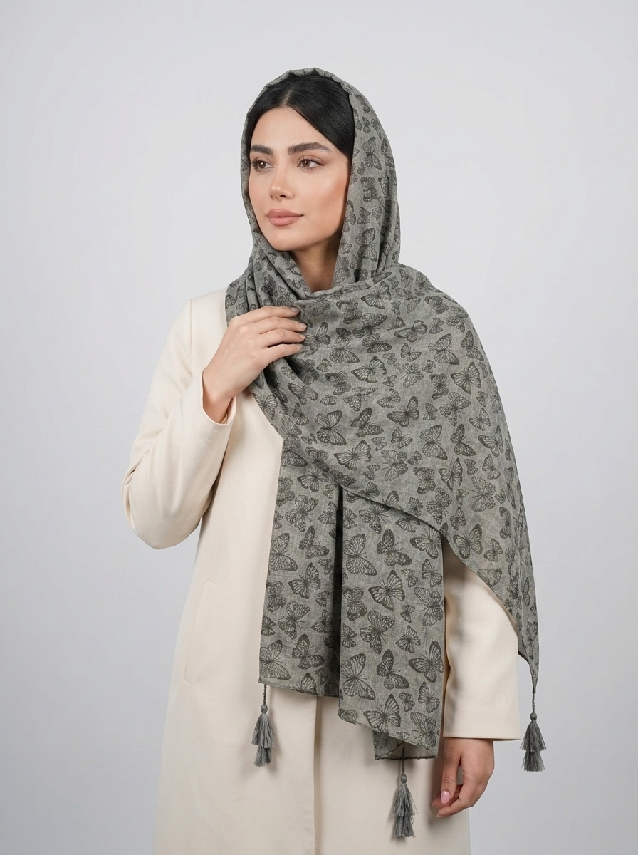 شال نخی طرح پروانه کد 575 - مشکی - تصویر ۶