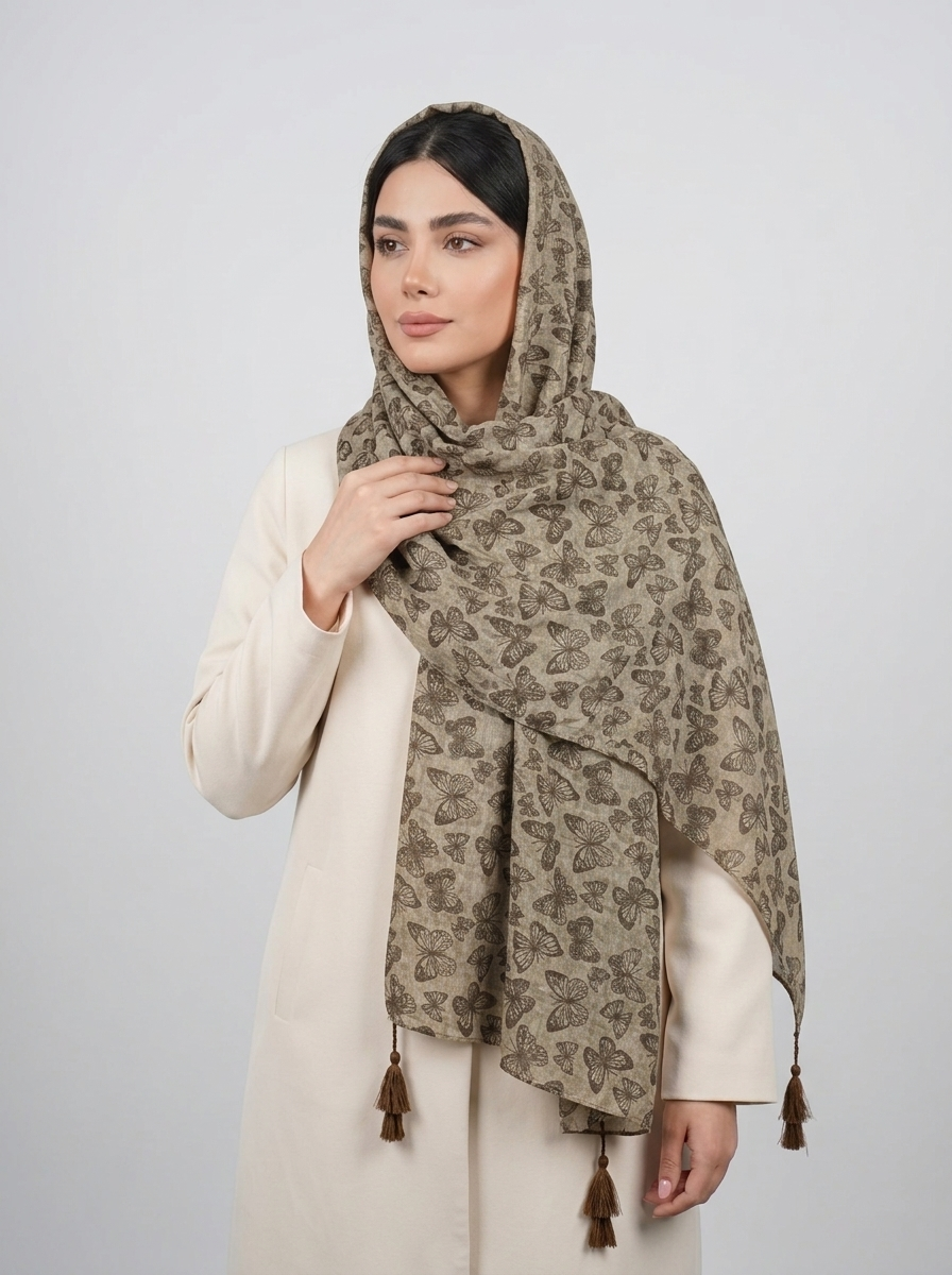 شال نخی طرح پروانه کد 575 - مشکی - تصویر ۲