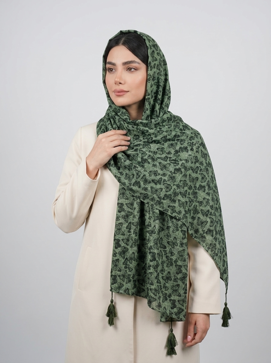 شال نخی طرح پروانه کد 575 - مشکی - تصویر ۴