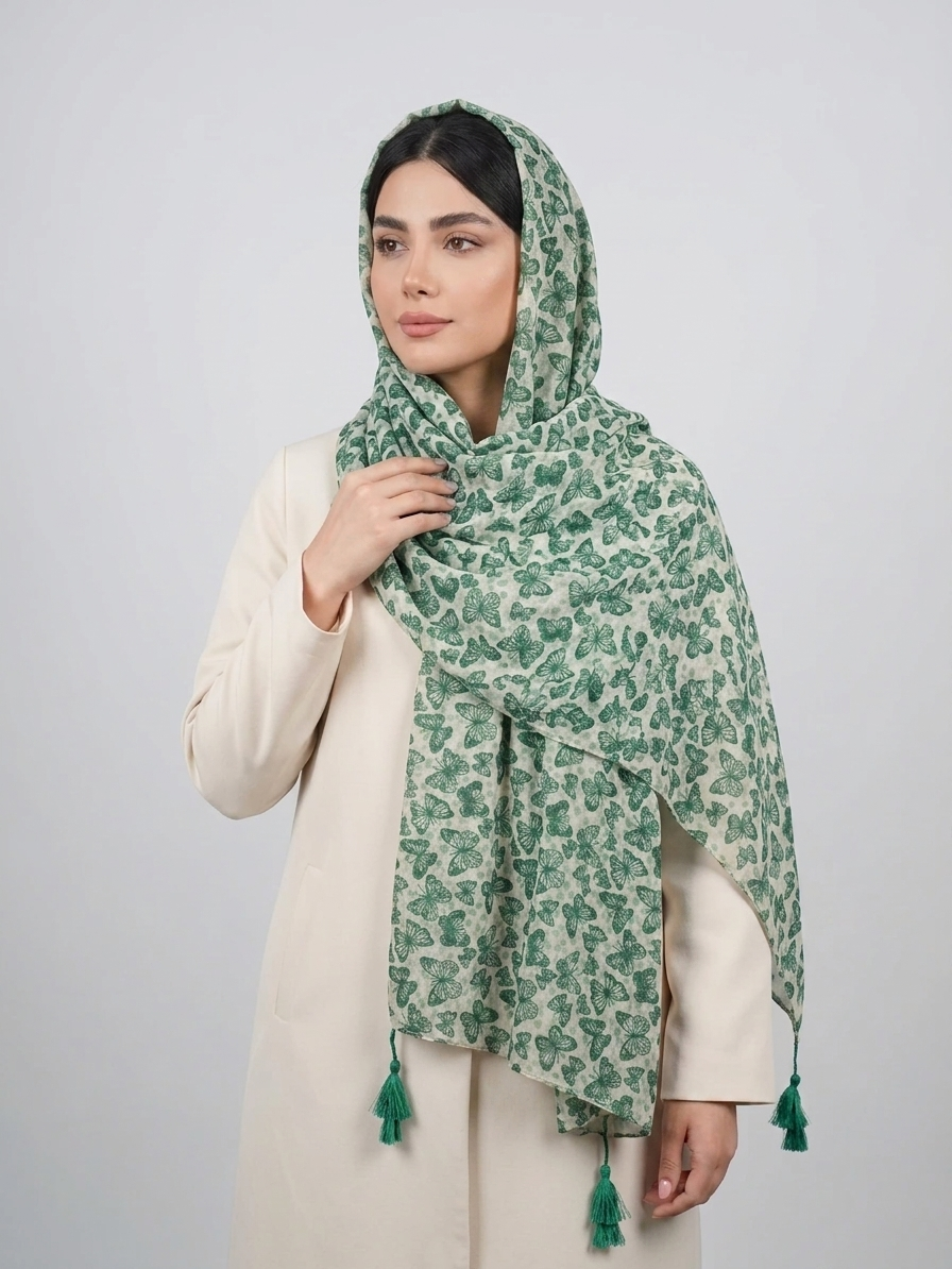 شال نخی طرح پروانه کد 575 - مشکی - تصویر ۵