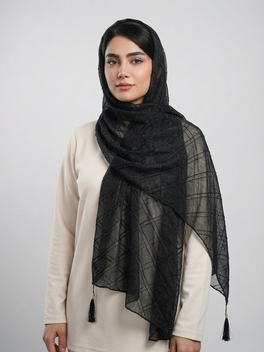 شال حریر لمه کج مشکی کد 579 - مشکی - تصویر ۲