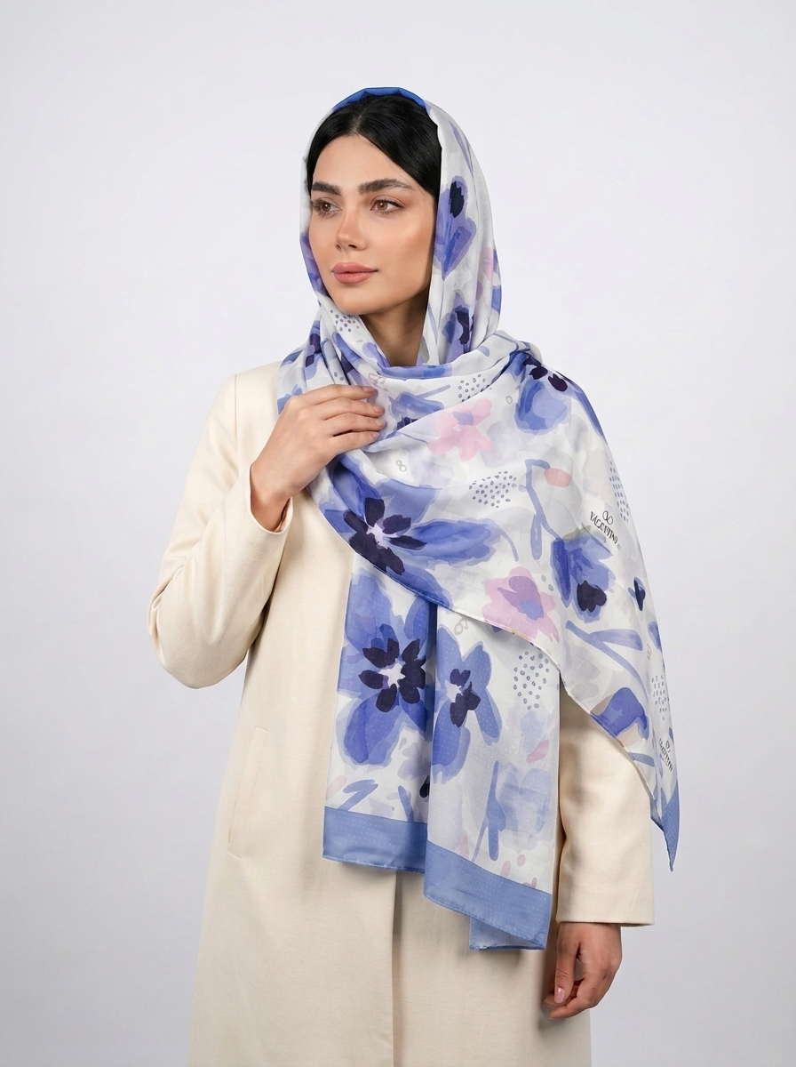شال نخی آبرنگی طرح 2 کد 586 - آبی - تصویر ۳