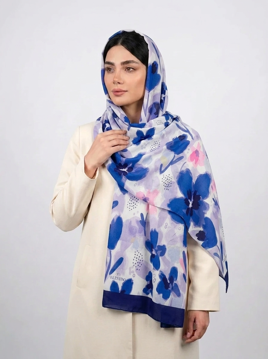 شال نخی آبرنگی طرح 2 کد 586 - آبی - تصویر ۲