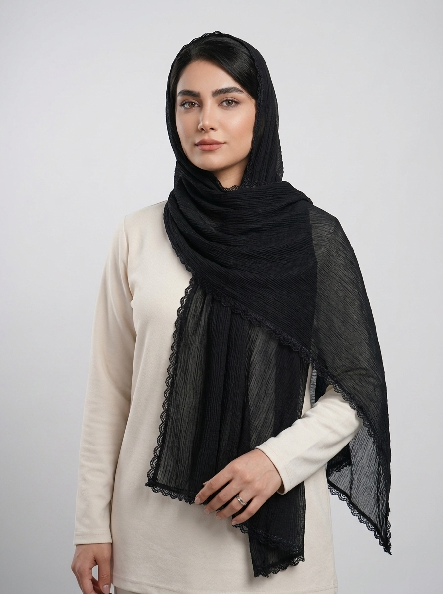 شال وارداتی حاشیه توری کد 608 - مشکی - تصویر ۲