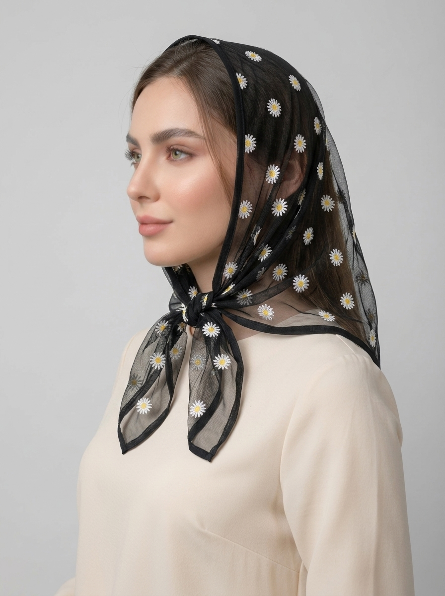 مینی اسکارف توری بابونه کد 620 - مشکی - تصویر ۲